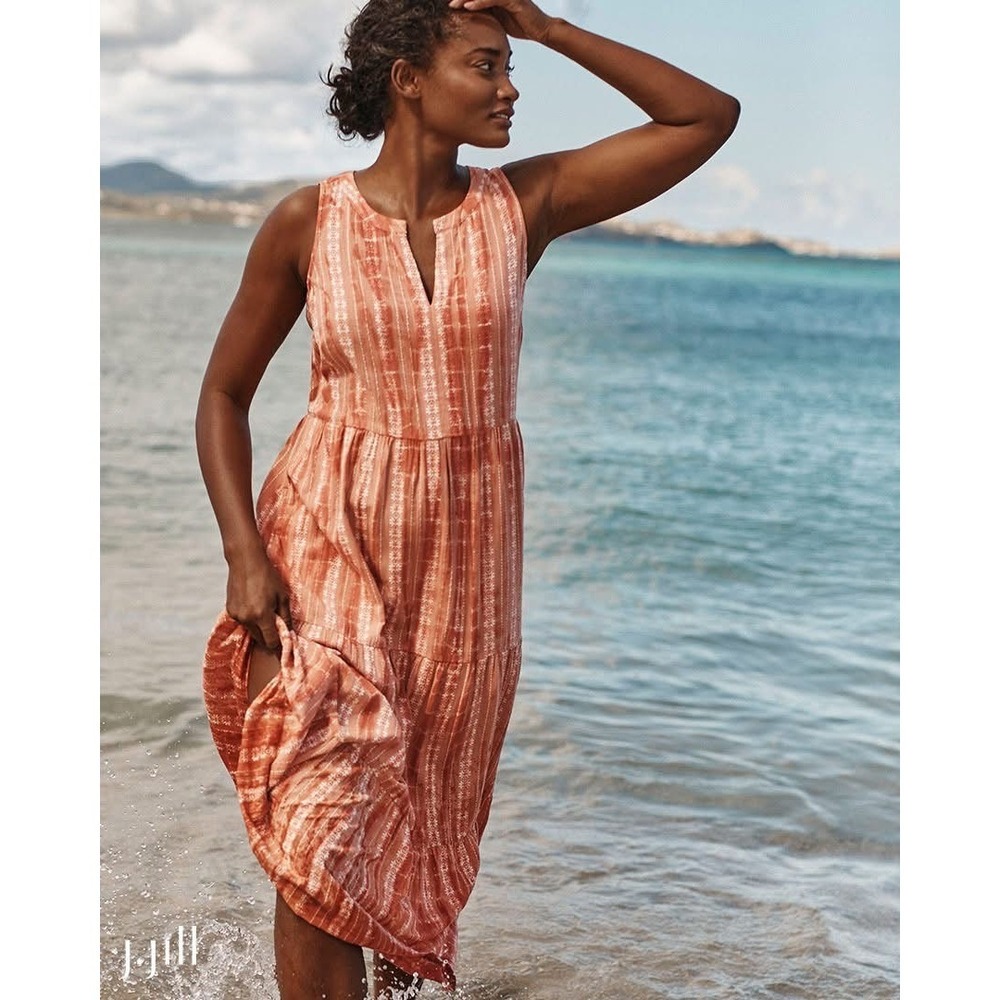 J.Jill Ibiza Tie Dye Tiered Cotton Maxi Dress Petite M Orange Pockets Beach